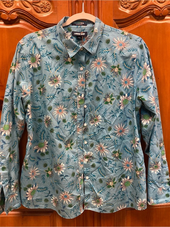 Lands' End Tops - Lands’ End Floral Supima Cotton Button Front Shirt 16P Blue Daisy Print No Iron